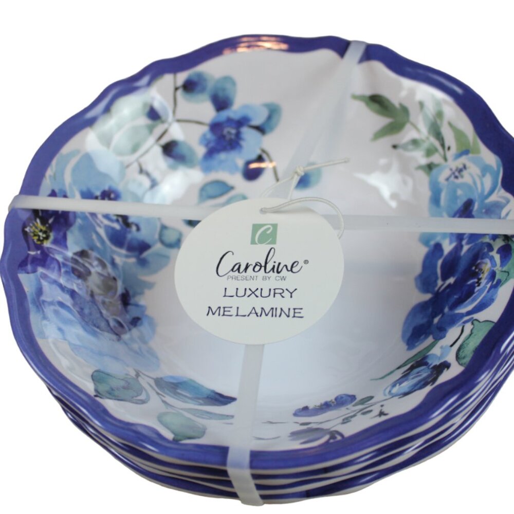 Caroline Blue White Floral Flower Luxury Melamine Soup Cereal Bowl Set of 4 NWT